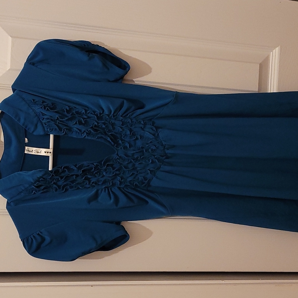 Teal ruffle front work top